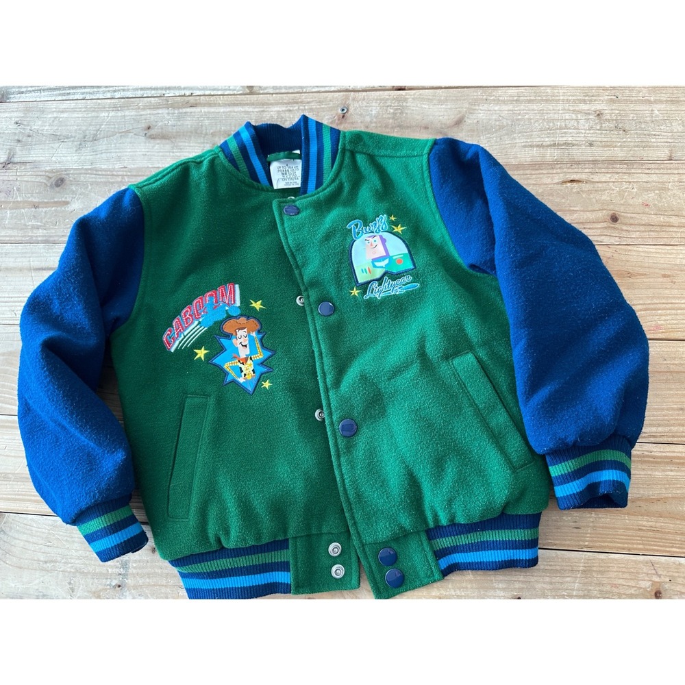 Disney Toy Story Kids Varsity Jacket Green Blue Woody Buzz Lightyear Size 4 110
